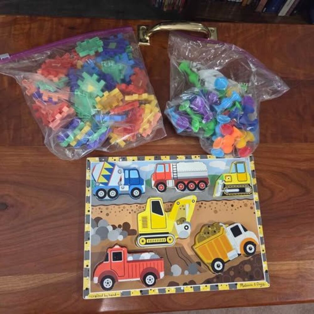 Melissa & Doug Construction Puzzle, Interlocking Math Blocks, and Suction Toys B